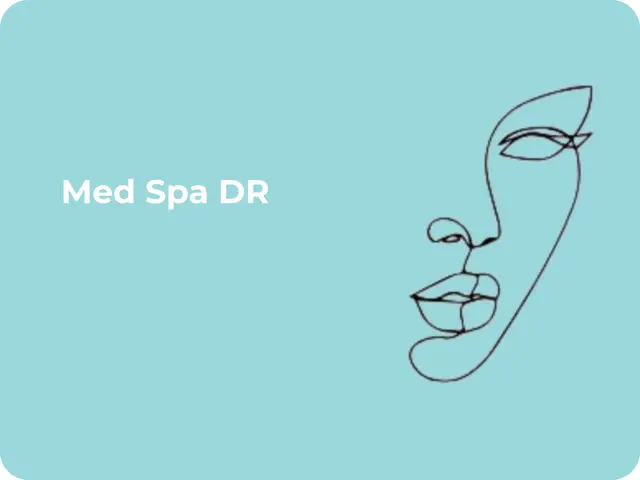 Med Spa DR line-drawing face logo on a pale teal background