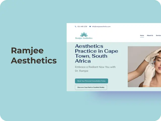 Ramjee Aesthetics clinic website homepage on a pale teal background
