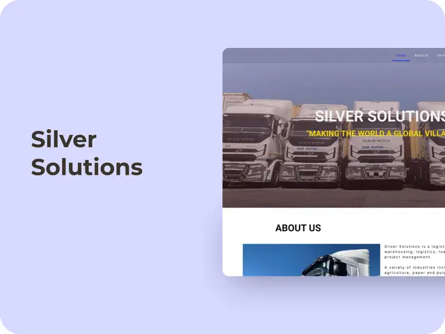 Silver Solutions Logistics website homepage showing a fleet of trucks, displayed on a lilac background